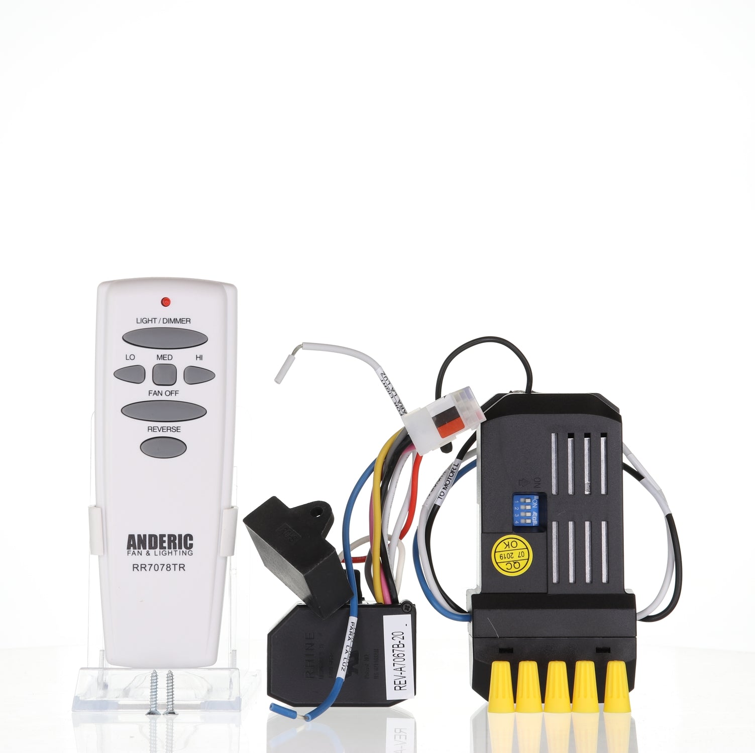 A black module, remote control, and small electronic components with wires are displayed on a white background, highlighting the remote functionality of the Anderic RR7078TR UC7067FMRX UC7067REVB Reverse module Ceiling Fan Remote Control Kit for the Hampton Bay 56" Altura Ceiling Fan.