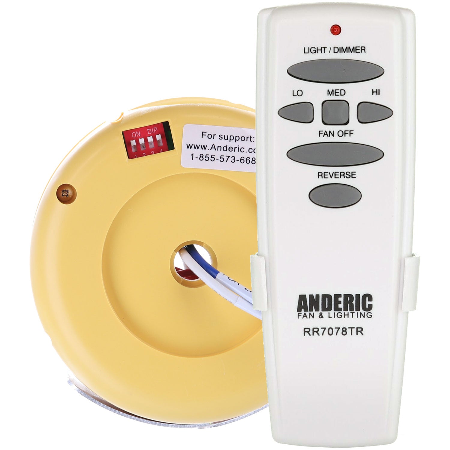 The Anderic FAN2R/RR7078TR kit for Hampton Bay and HUNTER ceiling fans includes a remote with buttons for light dimming, fan speed, reverse mode, and a yellow FAN2R receiver with wires for easy installation.