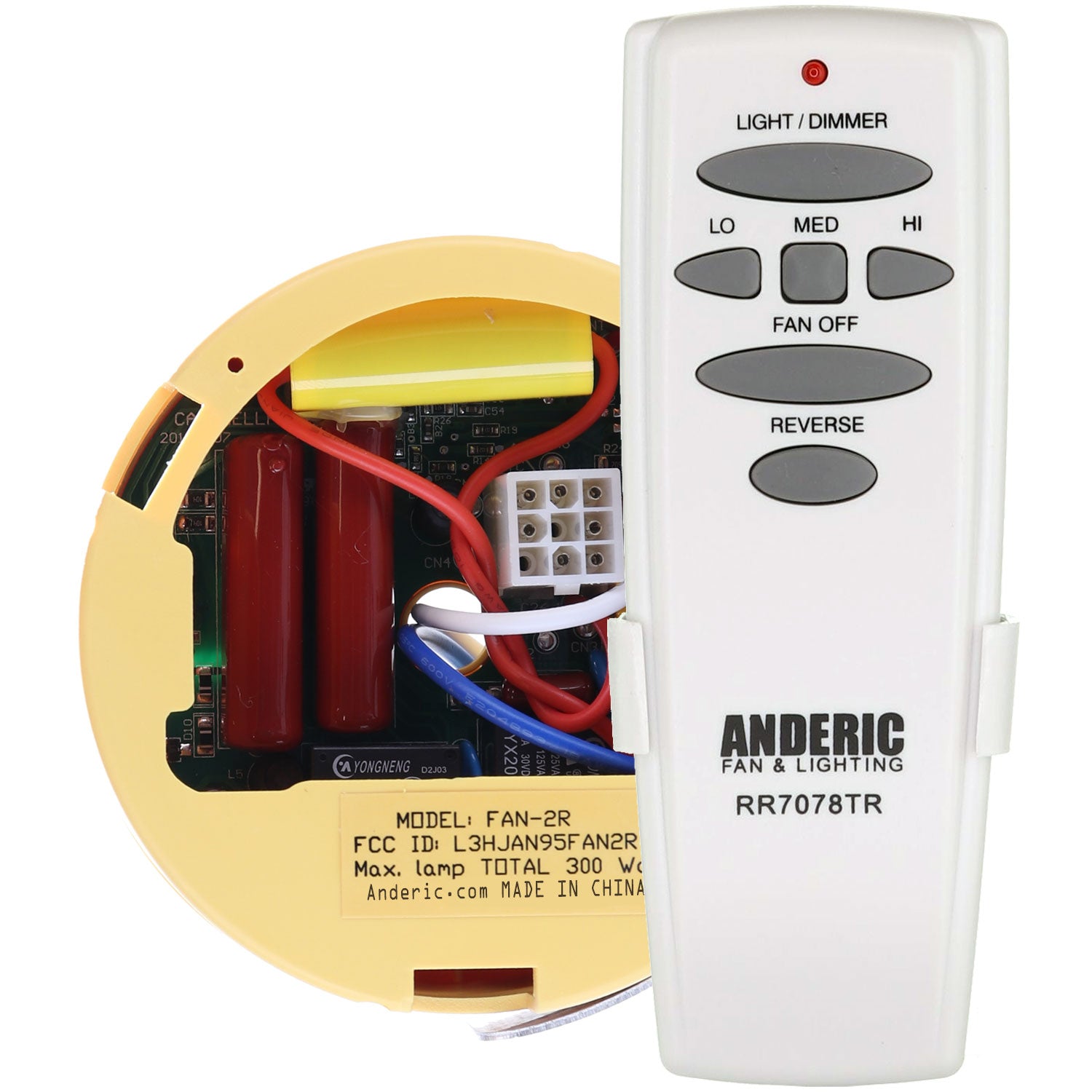 The Anderic FAN2R/RR7078TR kit, compatible with Hampton Bay and HUNTER fans, includes a round receiver and white remote featuring buttons for light dimming, fan operation, and reverse. It's an ideal replacement with the receiver showcasing its internal components.