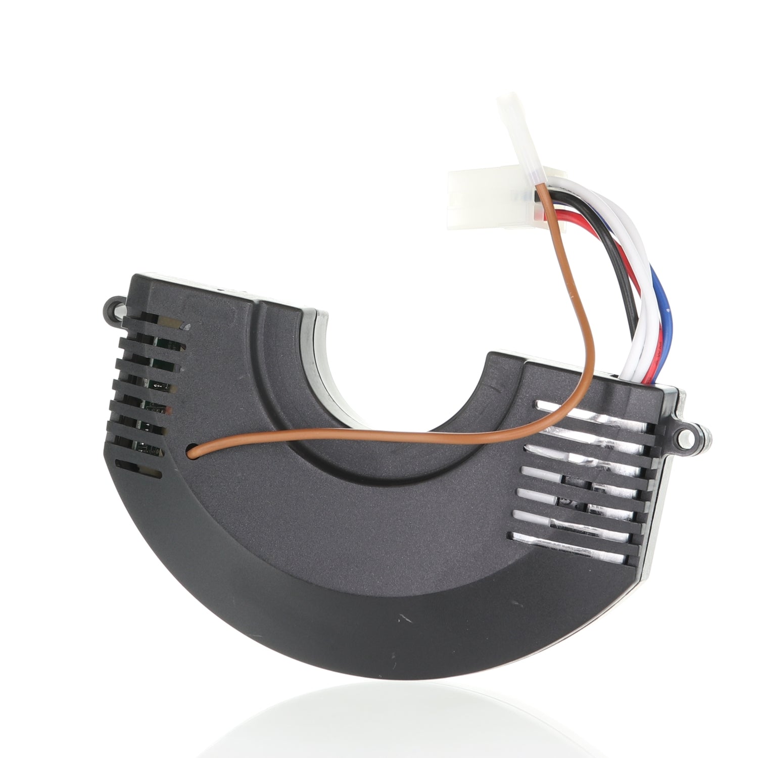 A black semi-circular component looks like the Anderic FAN30R for Harbor Breeze Ceiling Fan Receiver, featuring a brown wire and a multi-colored wire connector, similar to those in systems compatible with the FAN35T Remote.