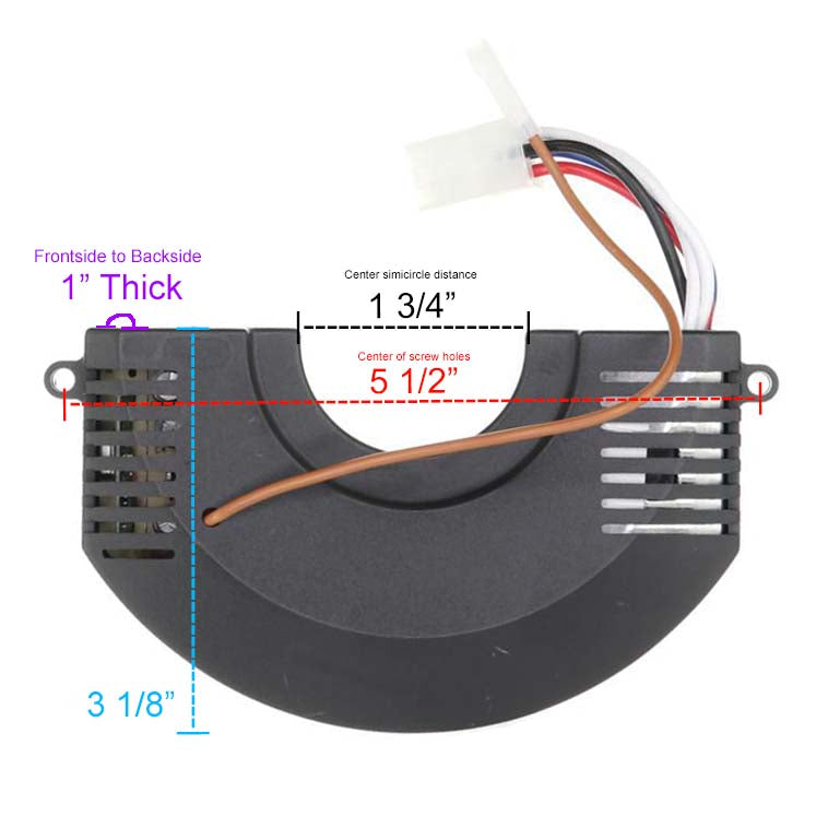 This semi-circular cooling fan, compatible with the Anderic FAN30R for Harbor Breeze Ceiling Fan Receiver, measures 1" thick, 3 1/8" tall, and spans 5 1/2" between center screw holes, with wires visible at the top. Ideal for enhancing your Harbor Breeze Ceiling Fan setup.