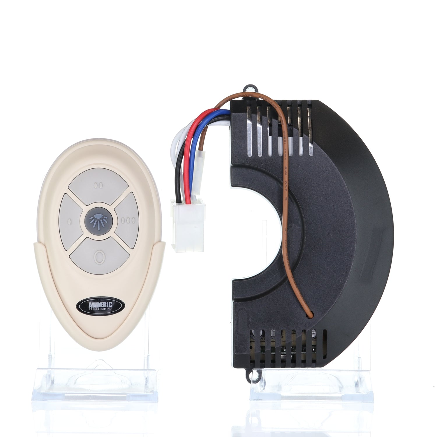 The Anderic FAN35T/FAN30R Ceiling Fan Remote Control Kit includes an oval beige remote with buttons and a black, curved electronic component with wires, both elegantly displayed on clear stands. Perfect as a direct replacement for your Harbor Breeze ceiling fan.