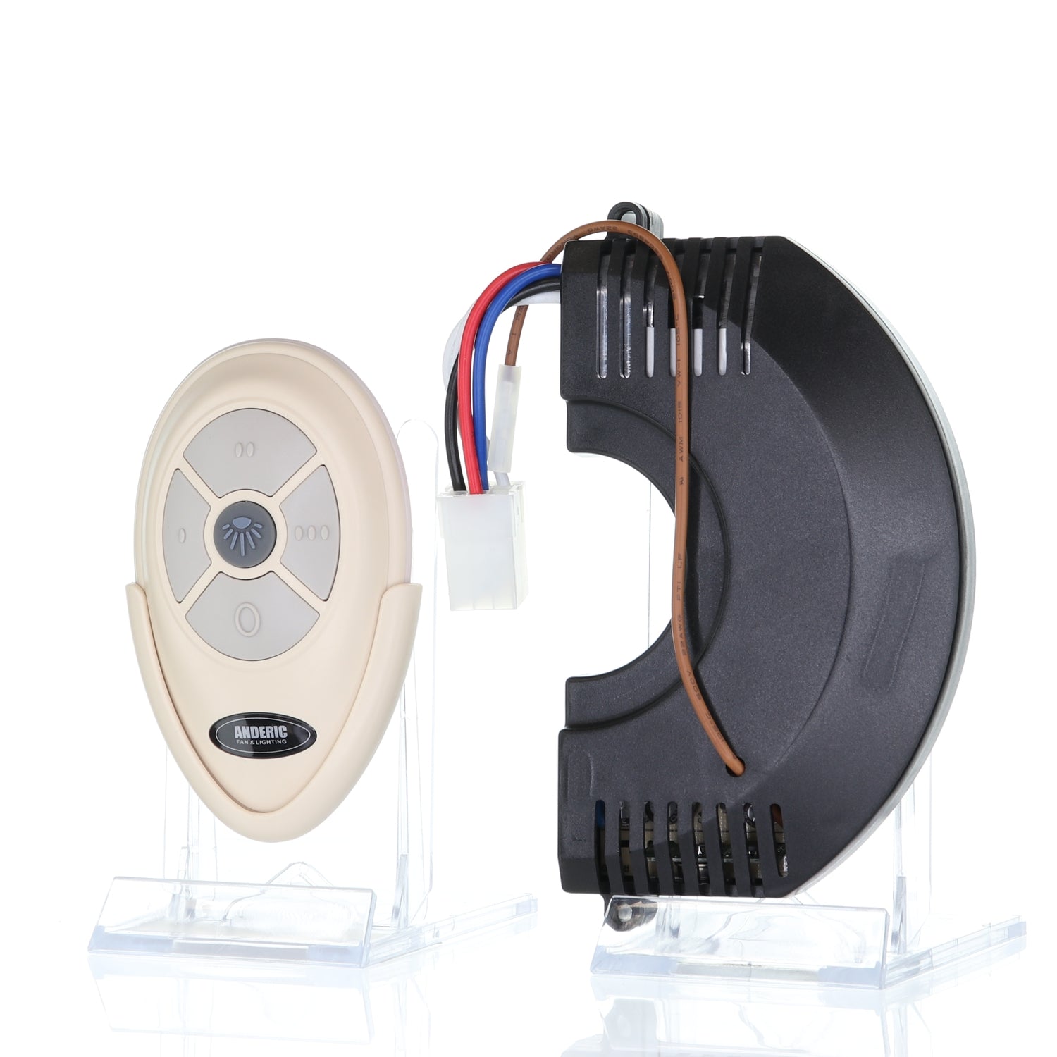 A white remote control and a black component on clear stands, linked by a wire, make up the Anderic FAN35T/FAN30R Ceiling Fan Remote Control Kit, directly replacing your Harbor Breeze ceiling fan for seamless functionality and ease of use.