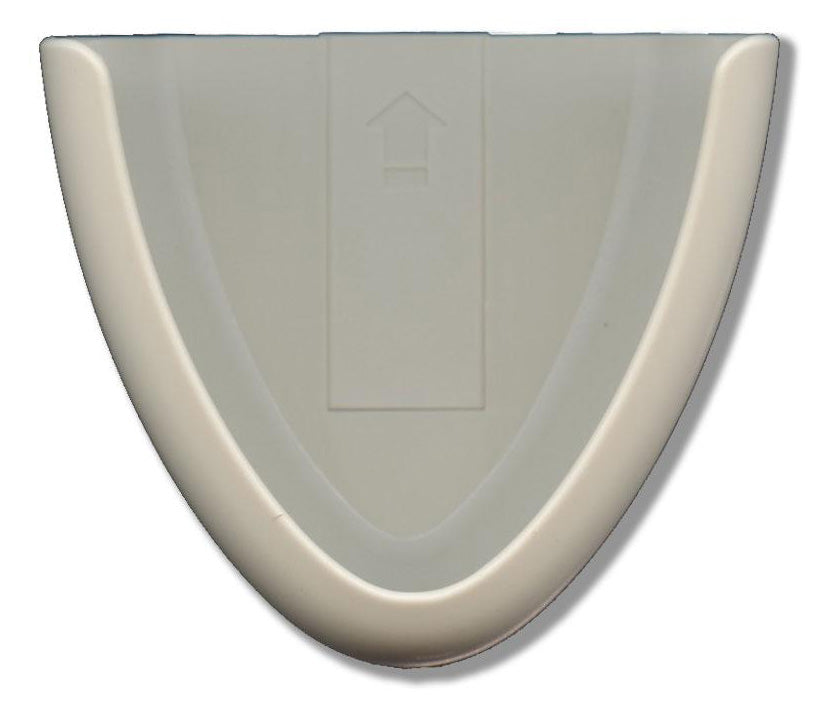 A beige, triangular plastic object with rounded edges, displaying a faint upward arrow, is expertly crafted to complement your Anderic FAN35TWM Ceiling Fan Remote Control Wall Mount Bracket.