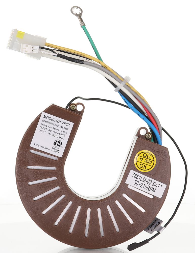 Brown curved electronic component for Casablanca Hunter Fans, with colorful wires and connector. Features model/specs text, ideal as a Replacement Receiver like Anderic RH786R Stealth for Casablanca Ceiling Fan Receiver - RH-786R 7861LM-09.