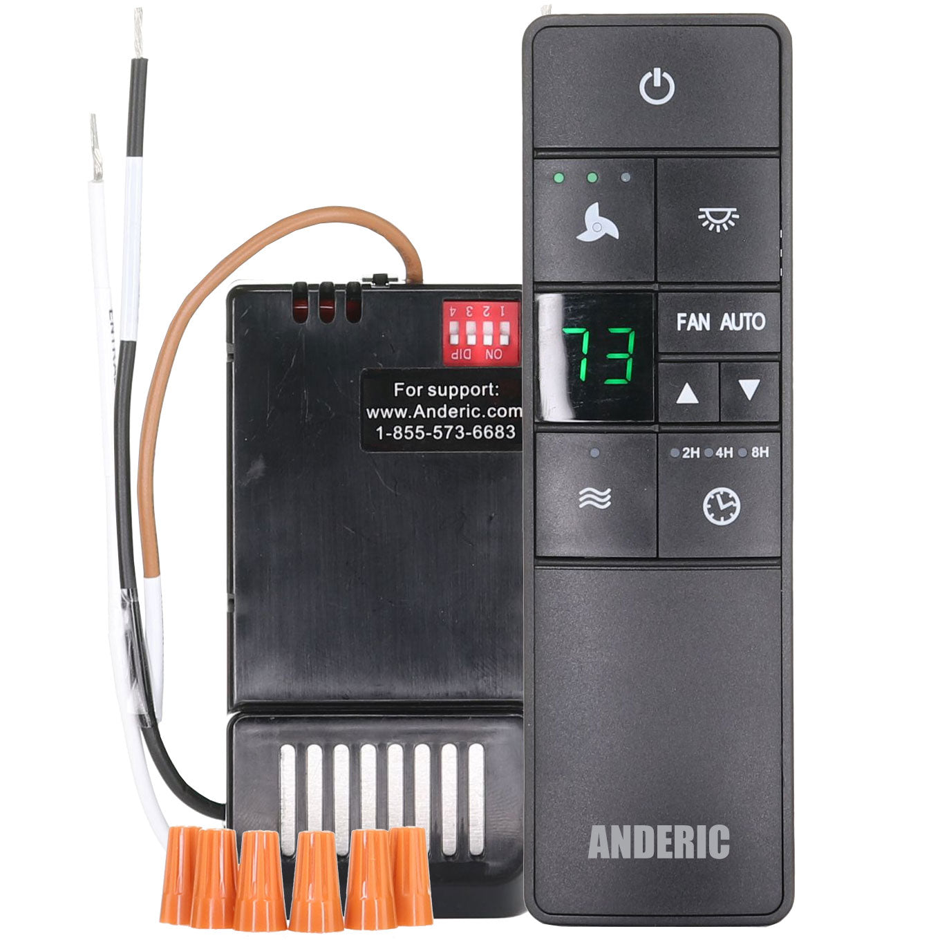 The Anderic HD3 Thermostatic Conversion Kit Universal 3 Speed with Receiver Ceiling Fan Remote offers controls for power, light, fan speed, and timer. It features connected wiring and DIP switches for compatibility with various bulbs, enabling versatile speed and light control.