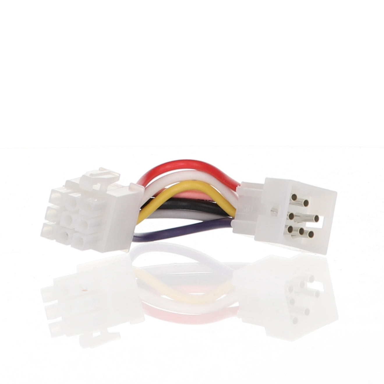 A set of white plastic electrical connectors with red, purple, yellow, and black wires sits on a reflective surface, connected by a 9-pin Molex plug. Product: Anderic Molex to Amp Adapter Ceiling Fan Cable - MOLEX-AMP-ADAPTER.