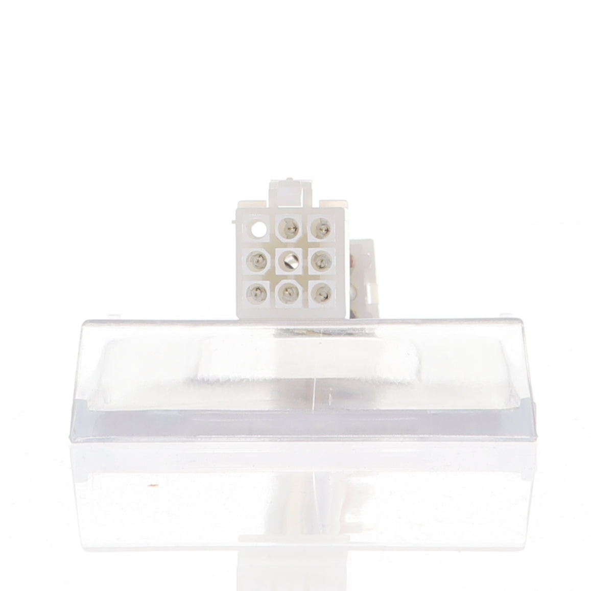 The Anderic MOLEX-AMP-ADAPTER, a white LED license plate light housing featuring a 9-pin Molex plug connector slot, is shown from the side against a plain white background.