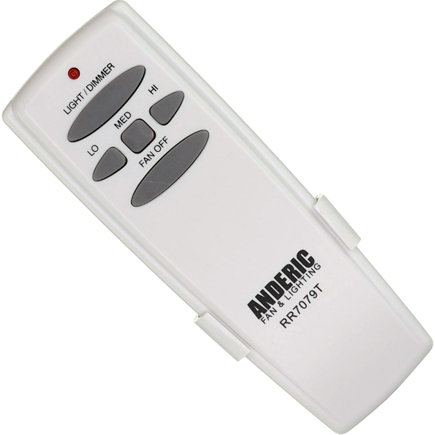 The Anderic RR7079T FAN-HD Ceiling Fan Remote Control, labeled "ANDERIC FAN/LIGHTING," boasts a sleek white design with buttons for light/dimmer and fan speeds—low, medium, high—and includes an off switch.