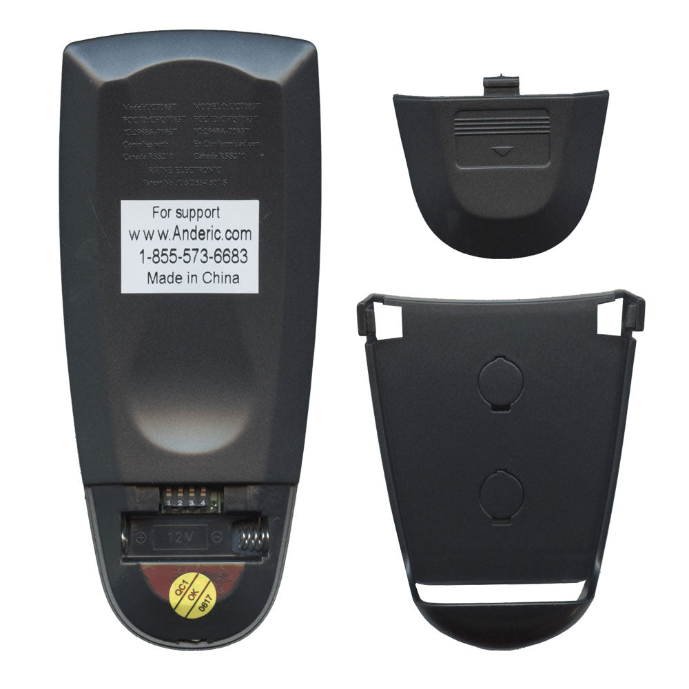 The back view of the Anderic UC7083TUDL CHQ7083T Remote showcases the battery compartment with cover attached and detached, along with a manufacturer's support sticker, ideal for operating your Hampton Bay Ceiling Fan.