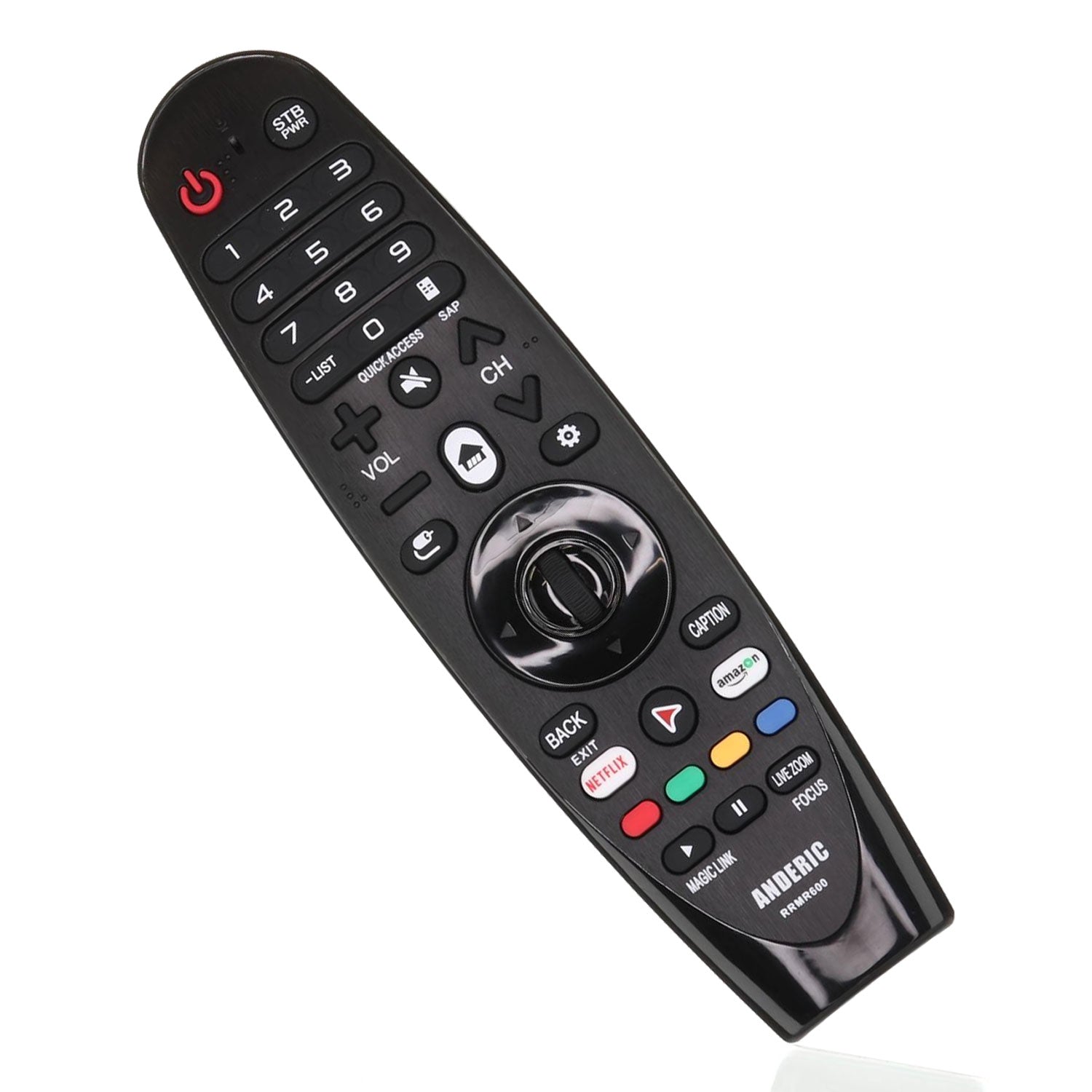 The Anderic RRMR600 remote, designed for LG Magic TV, features buttons for power, volume, channel, and a navigation pad for seamless control. Note: This remote lacks voice functionality.