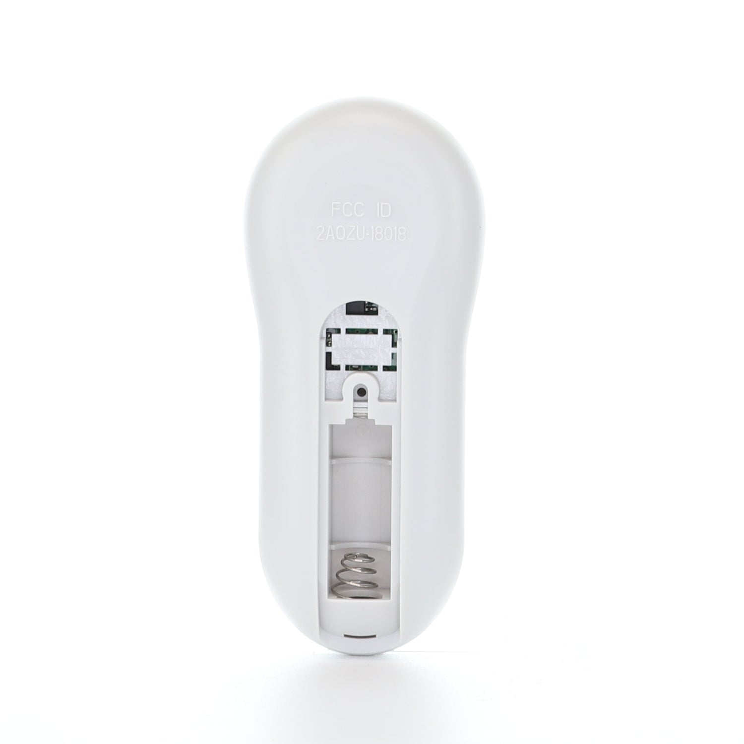 The white ceiling fan remote control, similar to the Anderic TR214D for KUJCE10311 and RRTR214D, has an open battery compartment showing two slots and a metal spring contact inside.