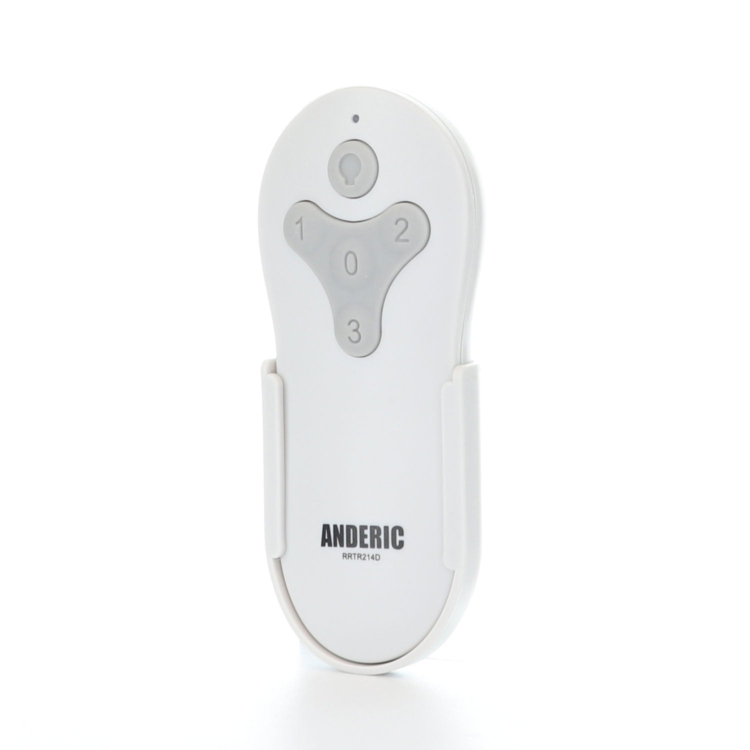 The Anderic TR214D RRTR214D for KUJCE10311/10712 ceiling fan remote, designed like the Harbor Breeze model, includes a wall mount. It features four gray buttons labeled 0-3 and a top round button.