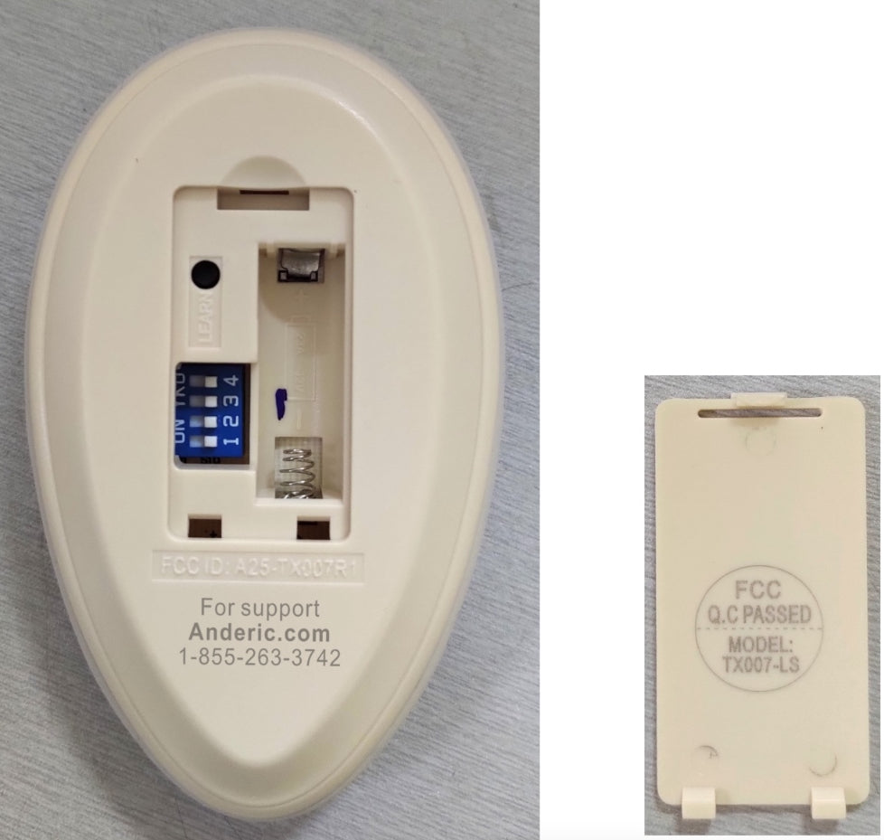 This oval electronic device resembles the Anderic RRTX007 for A25-TX007 Harbor Breeze Ceiling Fan Remote. It has an open battery compartment with four blue switches labeled 1 to 4, FCC ID details, and a support phone number for easy assistance.