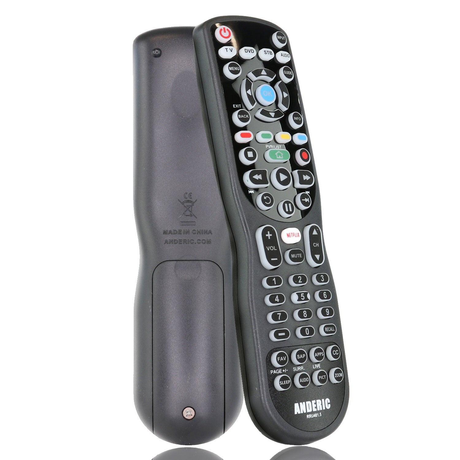 Two multi-functional remote controls are shown: one front-facing with smart buttons and the other highlighting the battery compartment. The Anderic RRU401.6 with Macro and Learning 4-Device Universal Remote Control is crafted to simplify your TV experience.