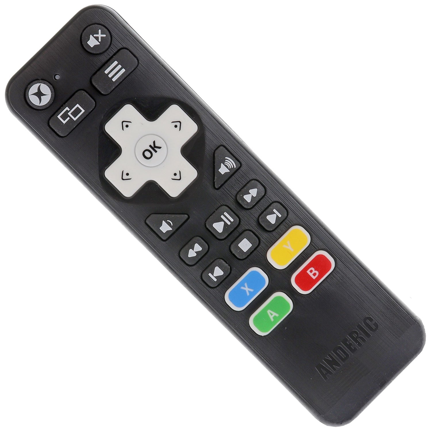 The Anderic RRXB01 Media Remote Control for Xbox One is a sleek black remote, preprogrammed for LG and Vizio TVs. It includes an "OK" button, directional arrows, and colorful A, B, C, D buttons. Ideal for your Xbox One media player with a convenient learning function.