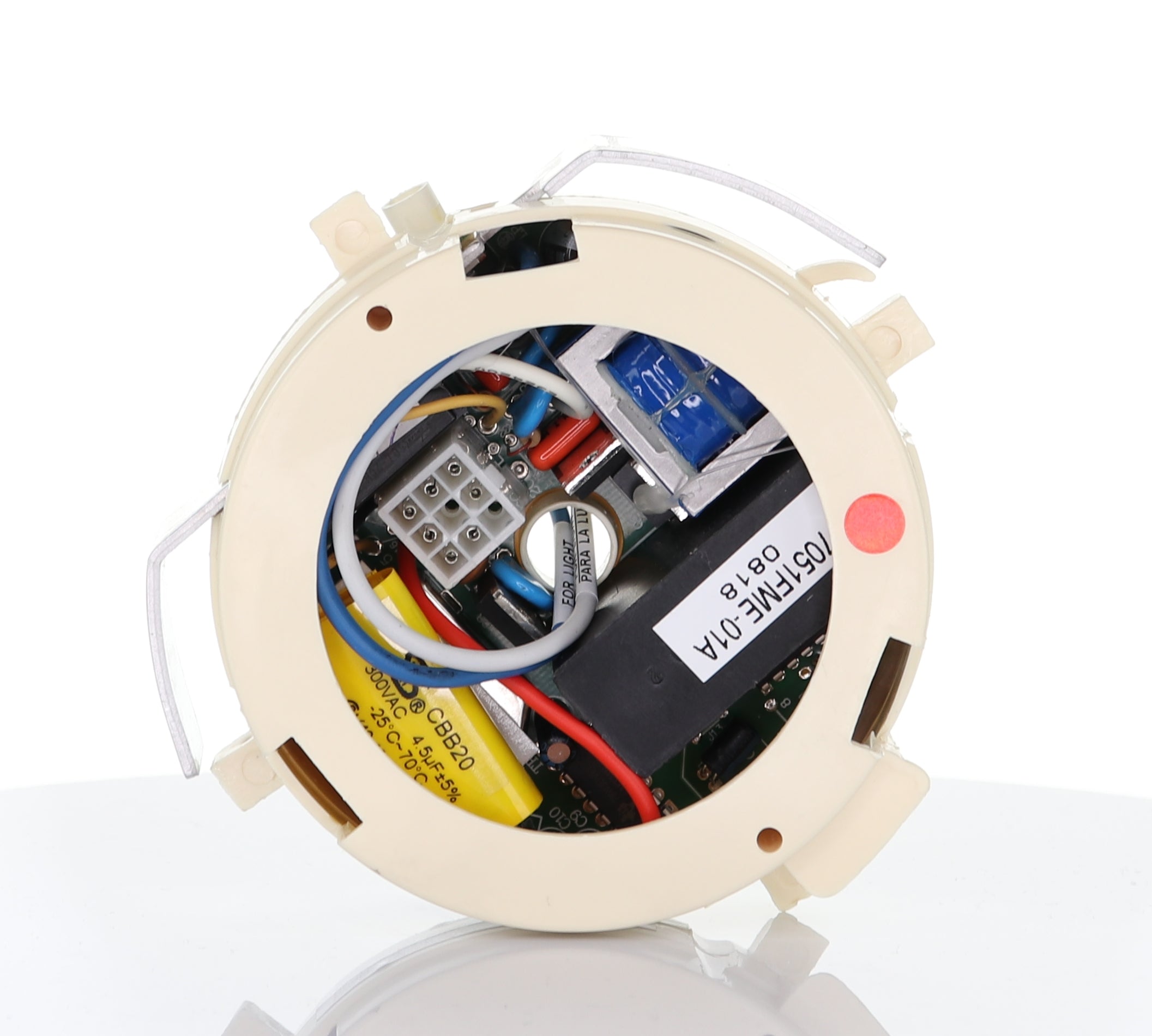 A circular electronic device with exposed wires, a circuit board, capacitors, and connectors in beige plastic housing designed for enhanced lighting control compatible with the UC7051R Ceiling Fan Receiver (Anderic Replacement for Hampton Bay).