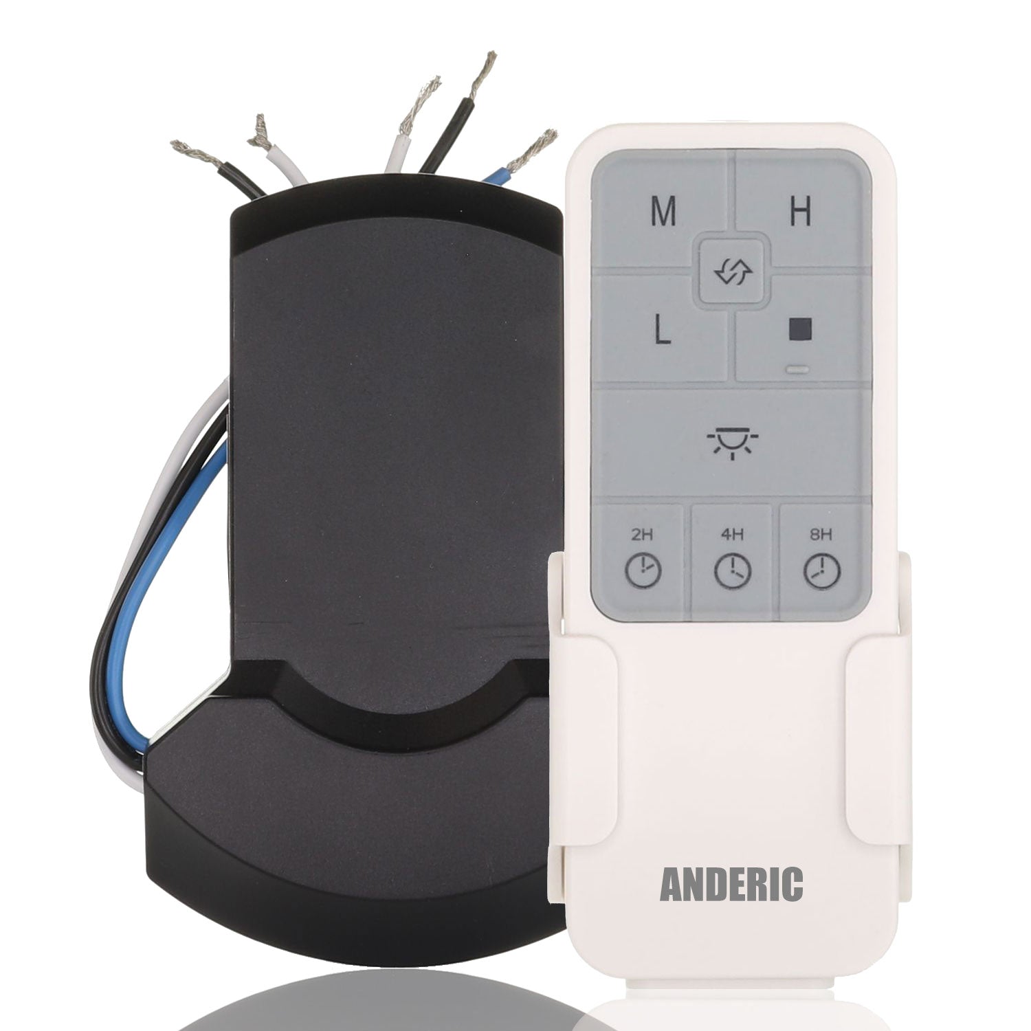 The Anderic Universal Smart WIFI Ceiling Fan Receiver & Remote Control Kit (UC7235T4) integrates smart home technology, offering light and fan settings. It includes a ceiling fan kit with a wall mount and black receiver unit for seamless operation and voice control via Google Home & Alexa.