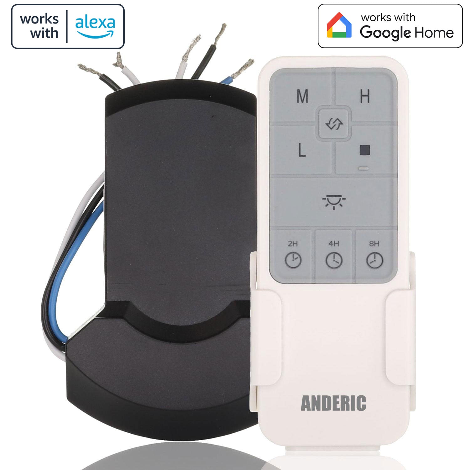 The Anderic Universal Smart WiFi Ceiling Fan Receiver & Remote Control Kit (UC7235T4) features speed and light setting buttons, wall mount, and offers seamless smart home integration with Alexa, Google Home, and voice control.