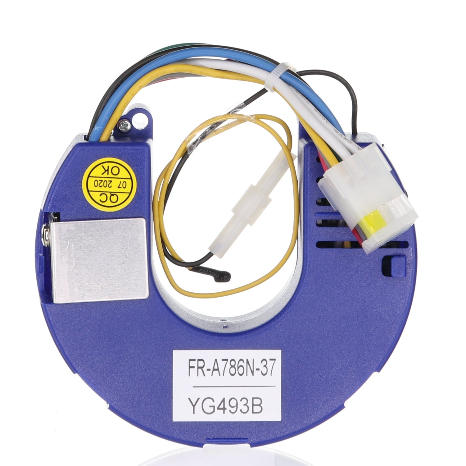 The Anderic UC786N-37 is a blue circular electronic component with wires and labels, including "FR-A786N-37" and "YG493B," designed for universal compatibility, making it a versatile choice as a ceiling fan receiver for Kensgrove ceiling fans from the Home Decorators Collection.