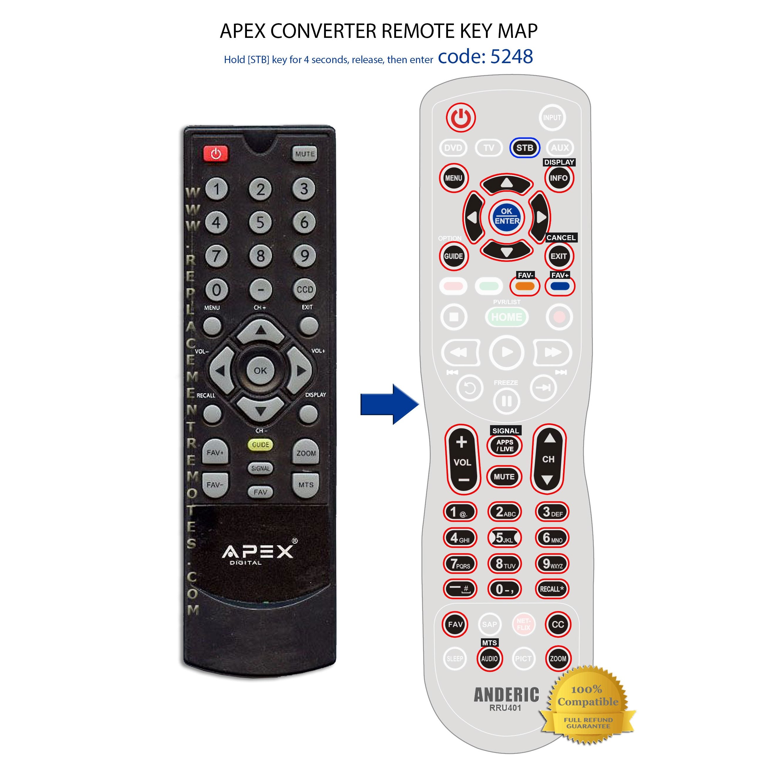 Apex STBDT250 Digital TV Tuner Converter Remote Control