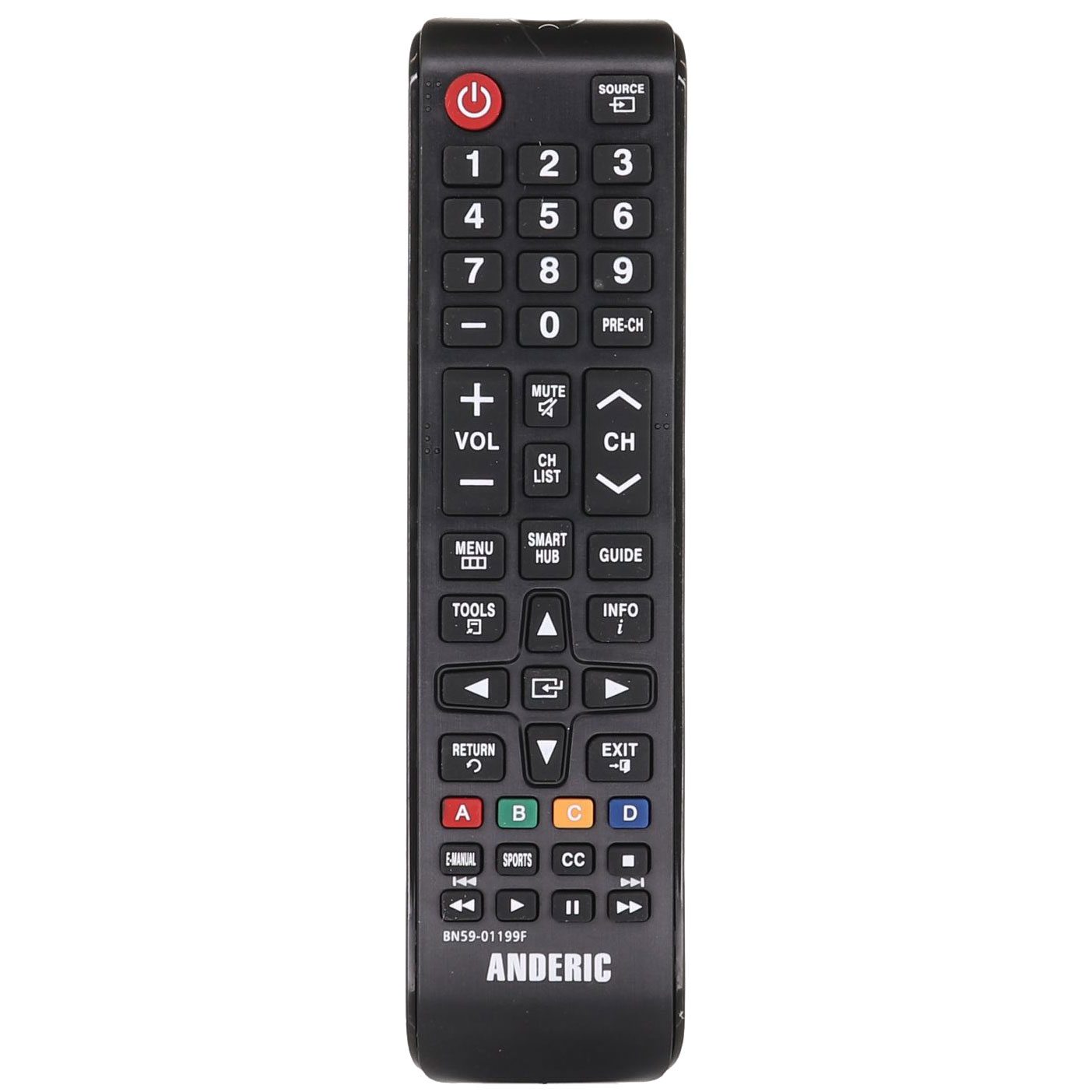 The Anderic BN5901199F Samsung TV remote combines a numeric keypad with volume, channel, and navigation buttons. The brand name "Anderic" is elegantly printed at the bottom, making this remote perfect for enhancing your TV experience.