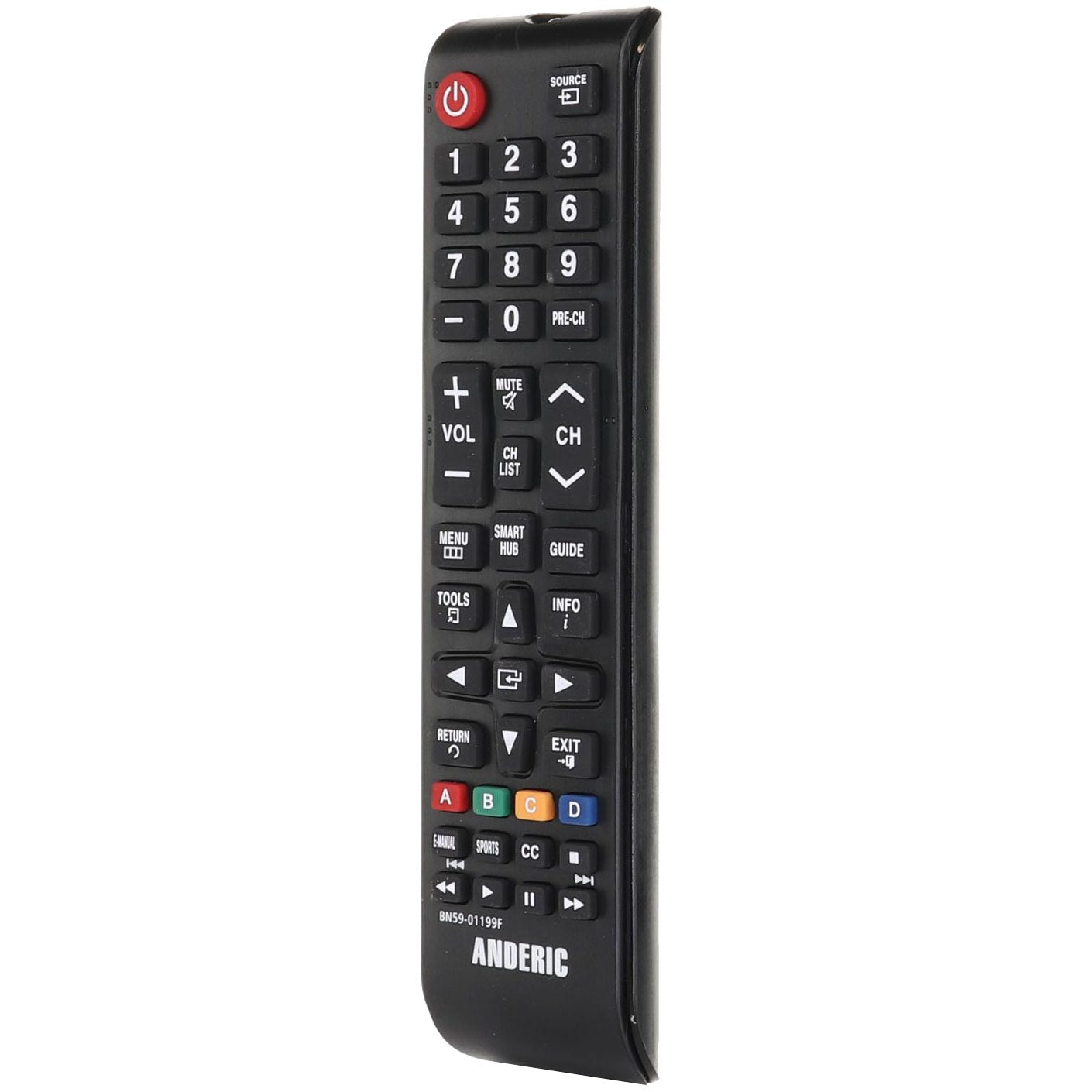 A black Anderic BN5901199F Samsung TV remote control with buttons for volume, channel, numbers, source, menu, and navigation.