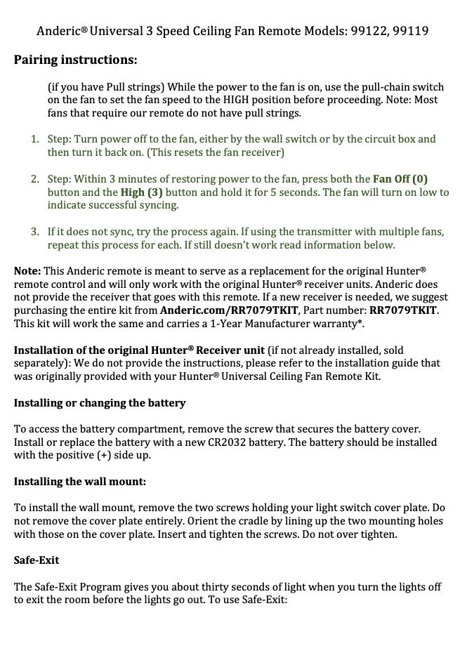 The instruction sheet for pairing your Anderic 99122/IN2TX41 Remote with the Hunter Ceiling Fan receiver includes setup, fan speed adjustments, battery replacement details, and features the Safe-Exit function for easy use.