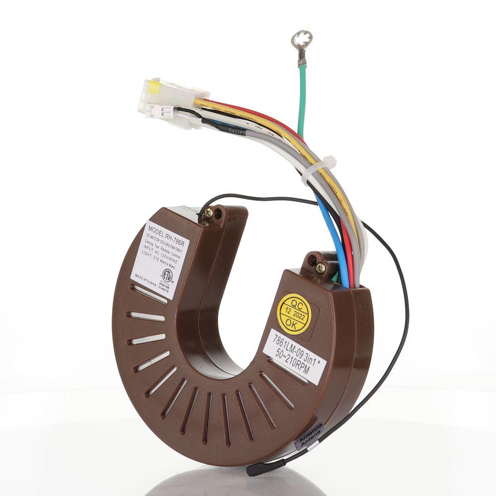 The Anderic RH786R Stealth Receiver for Casablanca Ceiling Fans has labeled tags, multicolored wires with connectors, and a metal loop on top, all on a crisp white background.