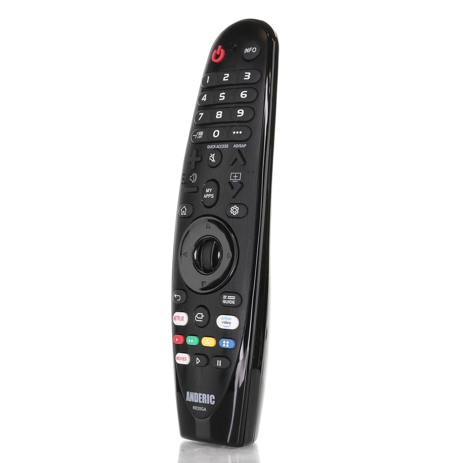 Introducing the Anderic RR20GA Magic IR-only remote for LG TVs, perfect as a replacement with easily accessible buttons for numbers, power, volume, and a directional pad. The sleek black design features the Anderic RR20GA logo elegantly at the bottom.