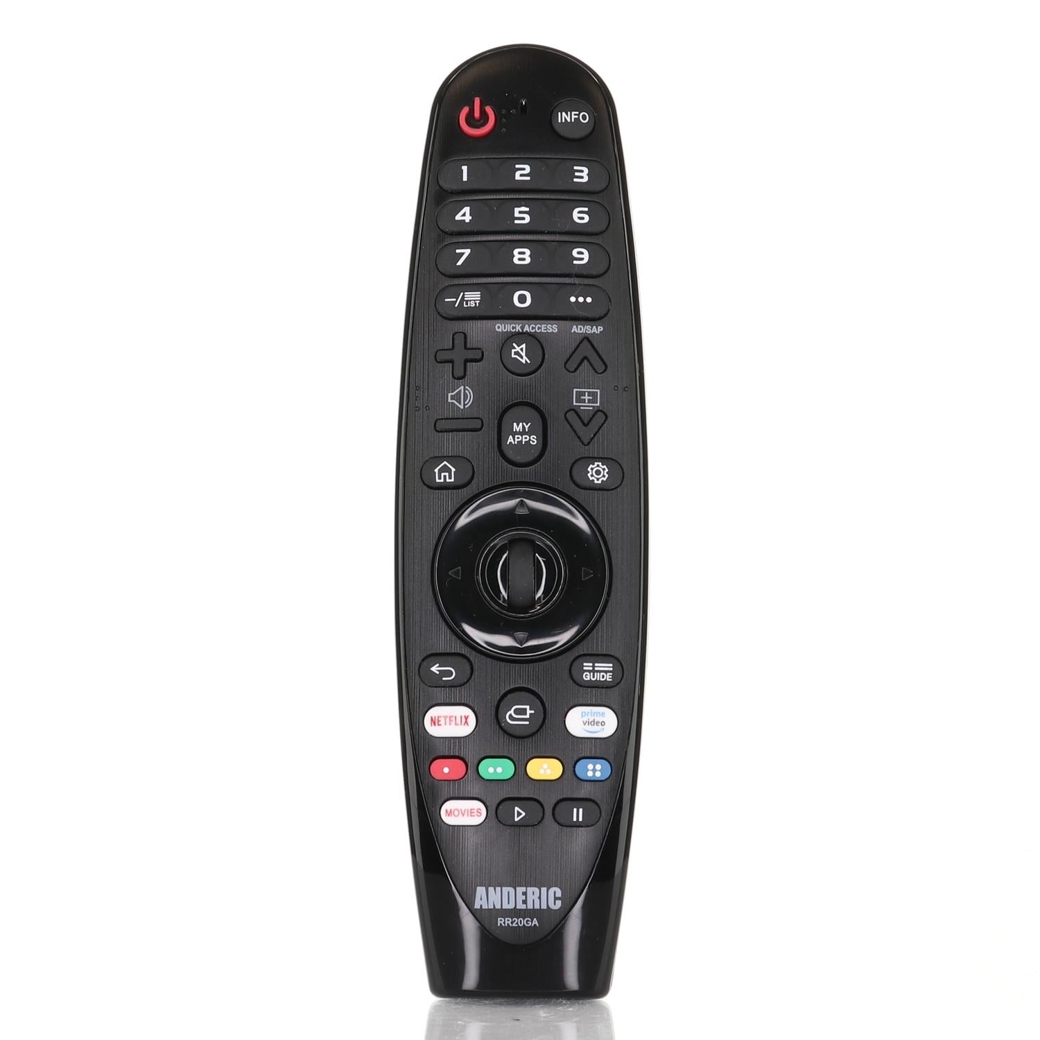 The black Anderic RR20GA universal remote control, designed as a replacement for numerous models, features buttons for numbers, volume, channel, and app shortcuts. It's compatible with LG Smart TVs and serves as an alternative to the Anderic RR20GA Magic IR-only remote.