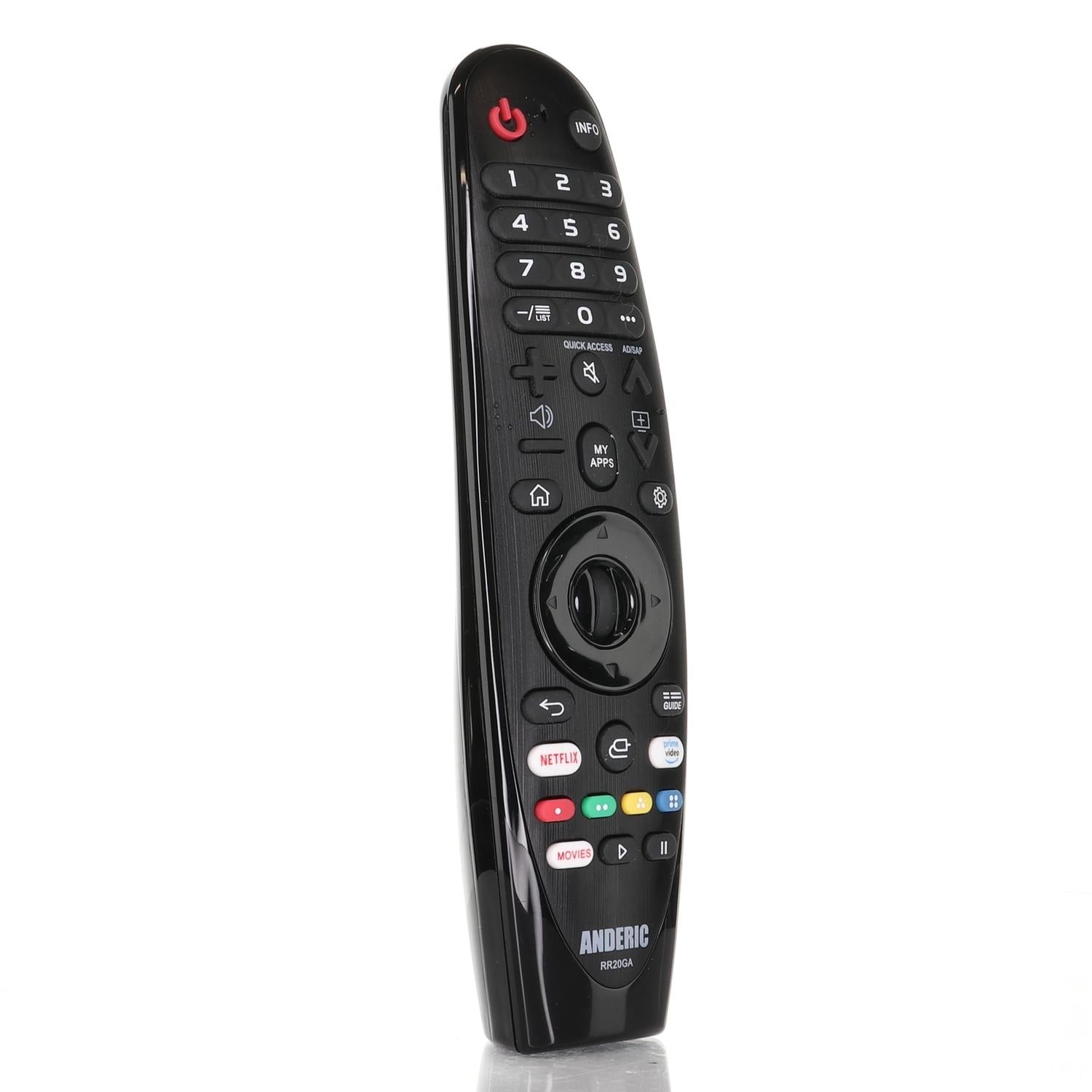 The Anderic RR20GA Magic IR-only remote, designed for LG Smart TVs without voice/mouse functions, features buttons for volume, channel, and streaming shortcuts. It is shown standing upright on a white surface.