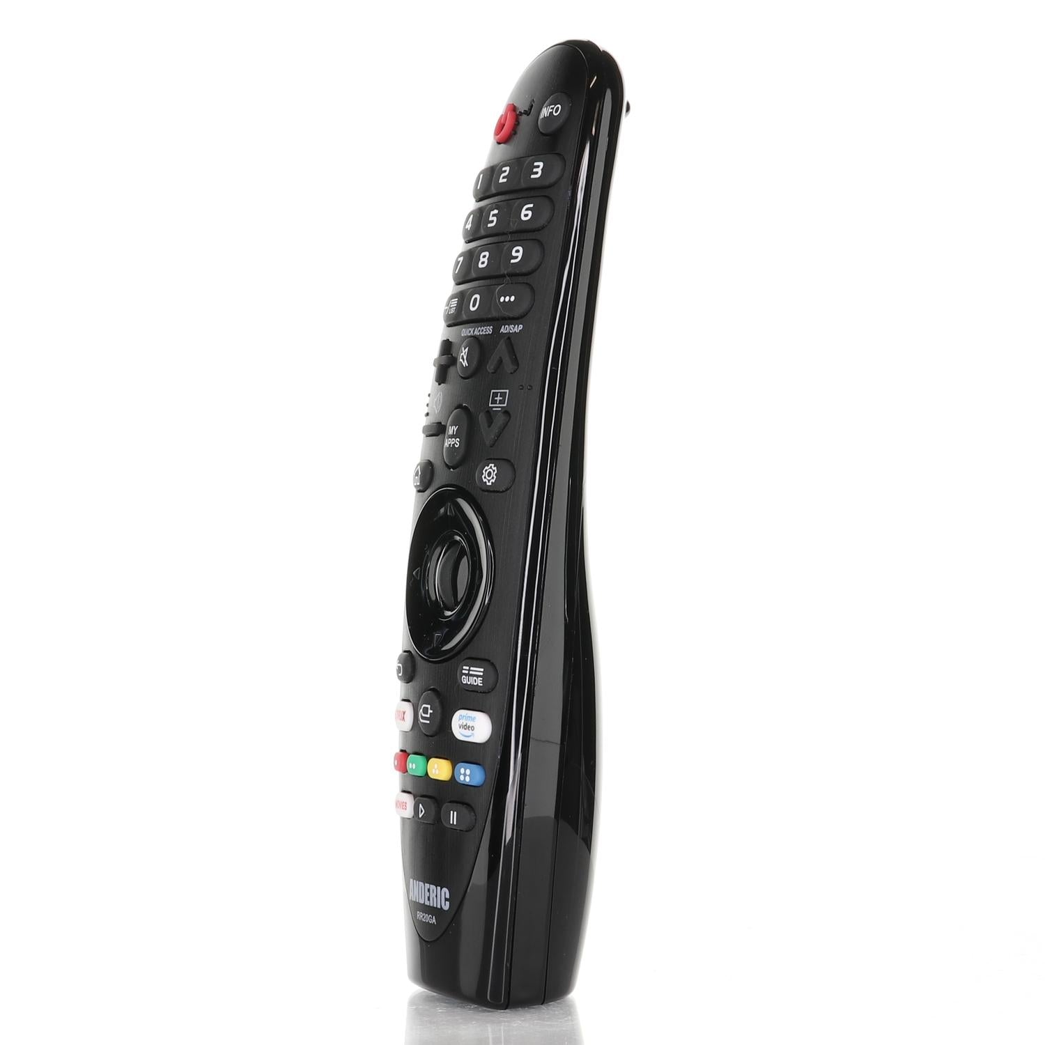 The Anderic RR20GA Magic IR-only for LG remote control stands upright on a reflective surface, showcasing its sleek buttons and logo.