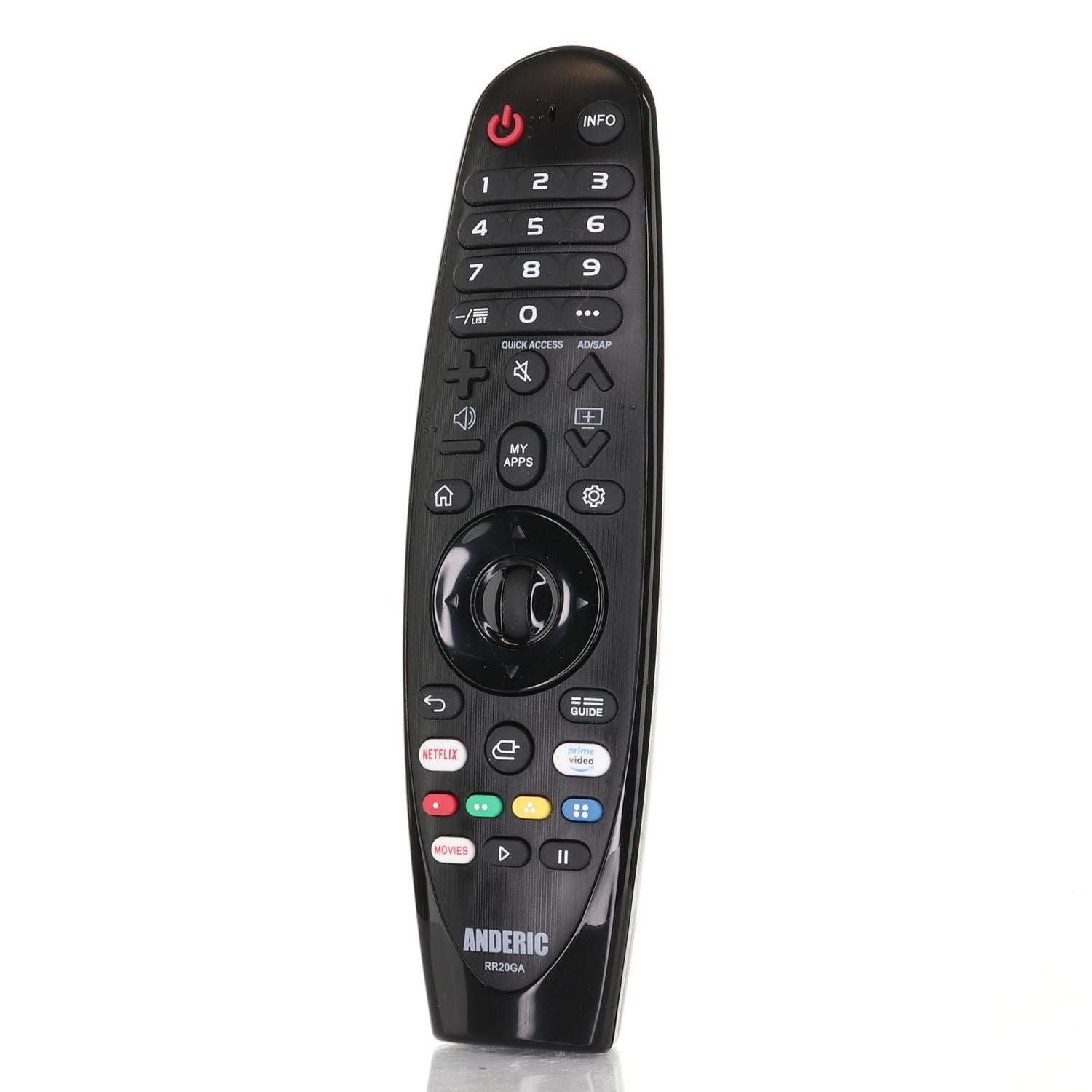 The sleek black Anderic RR20GA Magic IR-only TV remote control is designed for LG Smart TVs, featuring buttons for power, navigation, numerical keypad, and shortcuts to apps like Netflix and Amazon Prime Video. It lacks voice/mouse functions but is an ideal replacement remote.