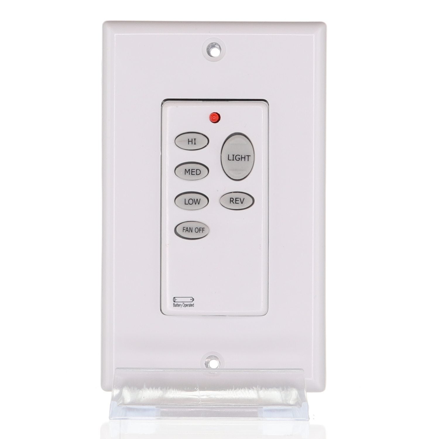 The Anderic CHQ9051T Wireless 3-Speed Up/Down/Reverse Wall Switch controls fan speed, light adjustments, reverse mode, and fan off with your Hampton Bay ceiling fan. A red indicator light above ensures easy operation.