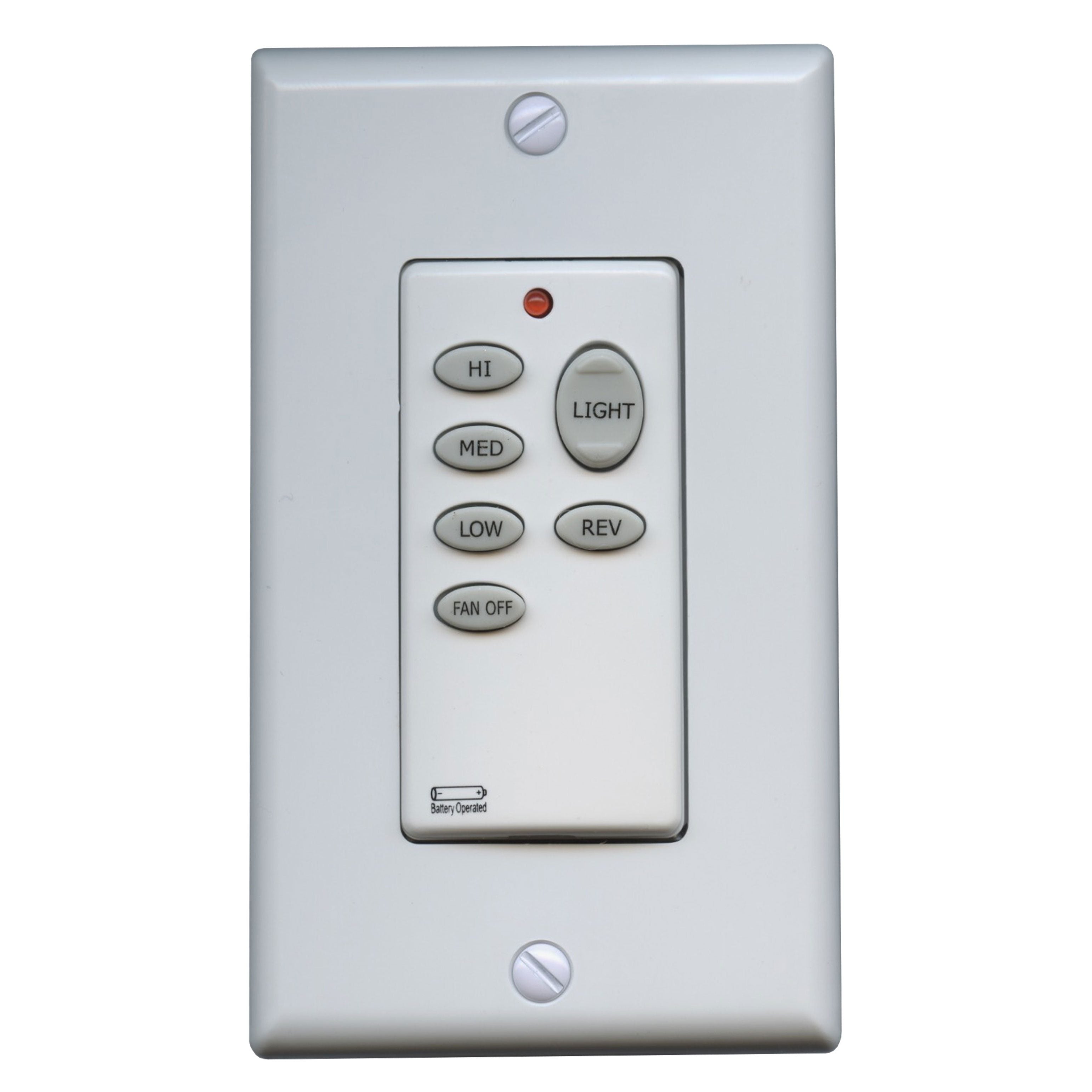 The Anderic CHQ9051T Wall Switch Ceiling Fan Remote Control offers buttons for Hi, Med, Low, Light, Rev, and Fan Off with a red LED indicator and is compatible with Hampton Bay remotes.