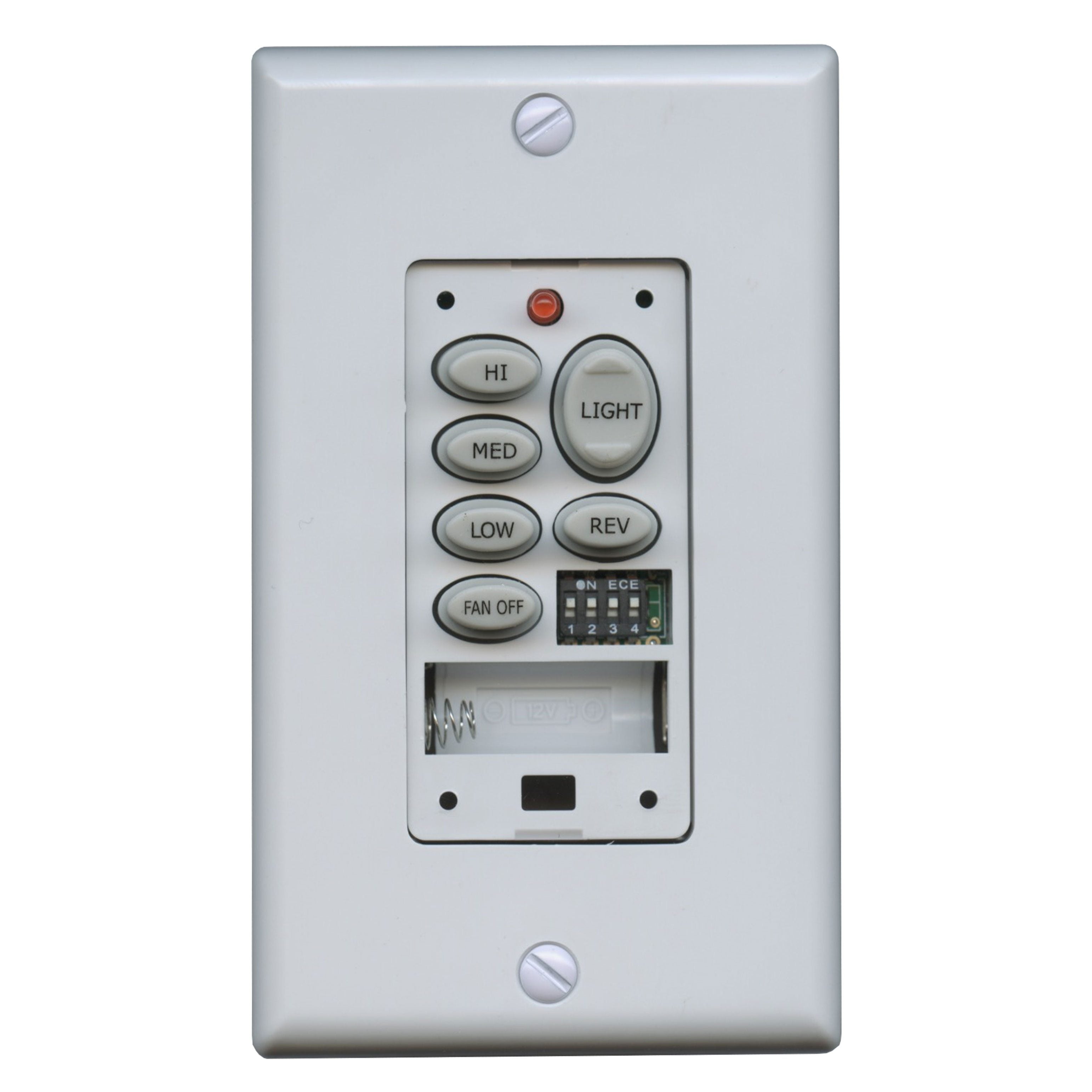 The Anderic CHQ9051T Wireless Wall Switch Ceiling Fan Remote Control features buttons labeled "HI," "MED," "LOW," "REV," and "LIGHT" with a red indicator LED, an open battery compartment, and is compatible with Hampton Bay remote systems for seamless operation.