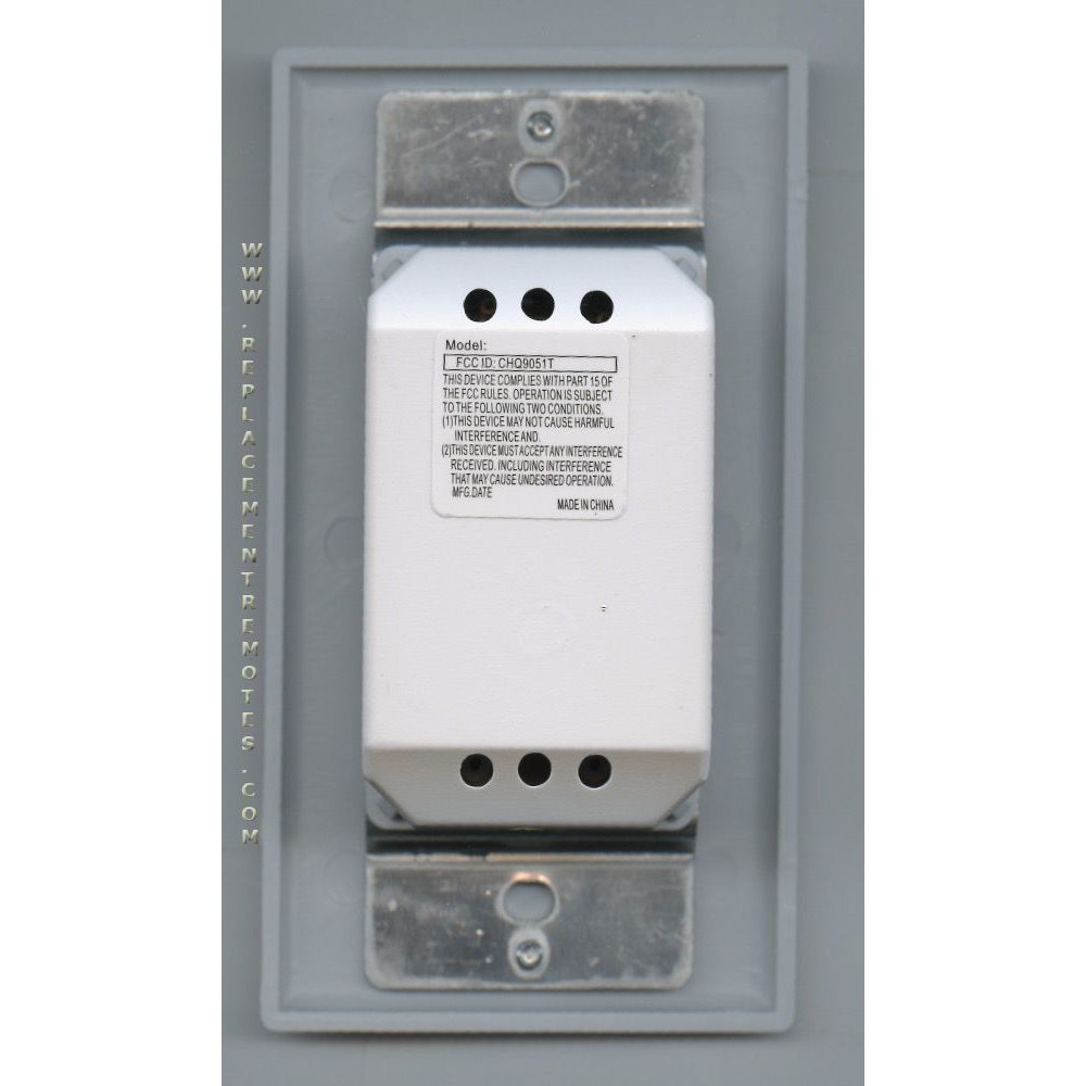 The Anderic CHQ9051T Wireless Wall Switch, designed for ceiling fan control, features visible wiring holes and model info with installation instructions on the front. Compatible with Hampton Bay remote systems and made in China, it offers 3-speed up/down/reverse functions.