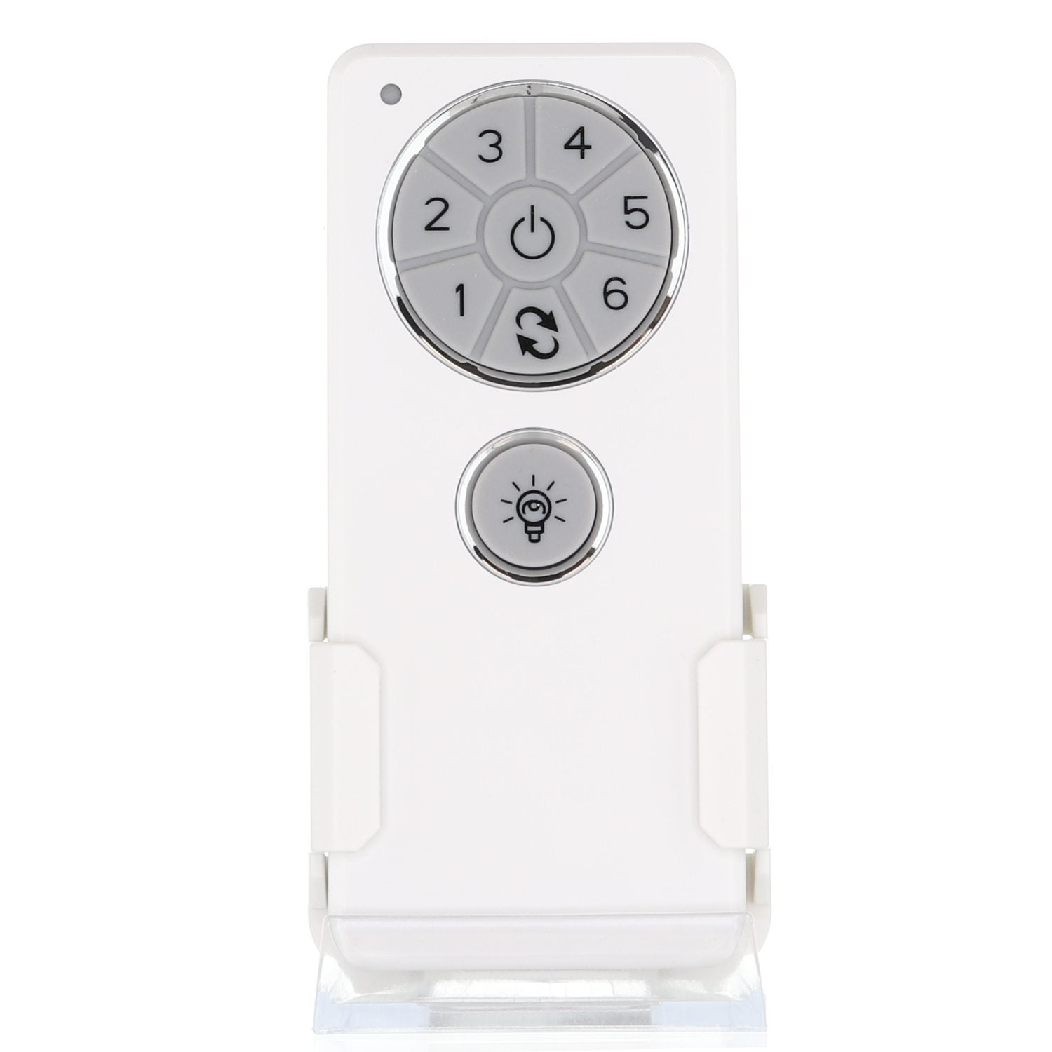 The Anderic DC1 Reversible for Hampton Bay/Monte Carlo Ceiling Fan Remote Control is a user-friendly white device with numbered buttons, a power button, rotating arrow symbol, and light bulb icon. It seamlessly integrates with DC receiver motors and includes a stand.