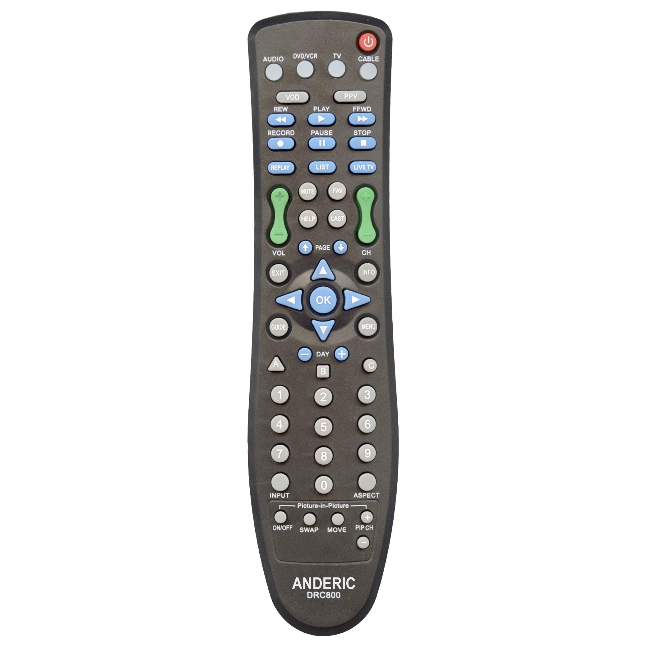 The Anderic DRC800 for Motorola Cable is a black universal remote control with buttons for volume, channel, power, and playback to manage audio/video devices and DVR set-top boxes.