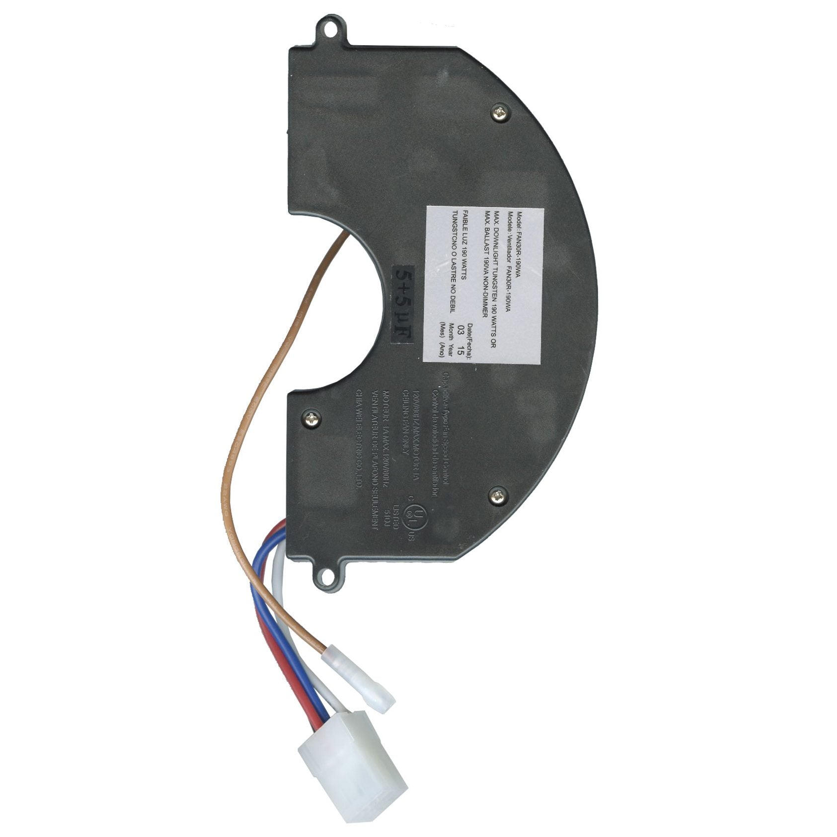 A crescent-shaped electrical component with multiple wires and a white connector, similar to the Anderic FAN30R for Harbor Breeze Ceiling Fan Receiver, featuring labels with text and numbers for easy system integration.