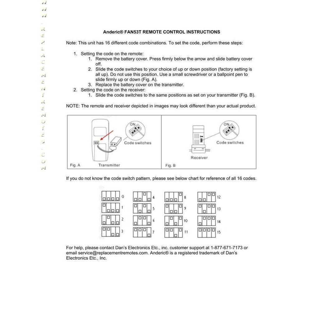 Anderic FAN53T Black 315MHz for Harbor Breeze Ceiling Fan Remote Control