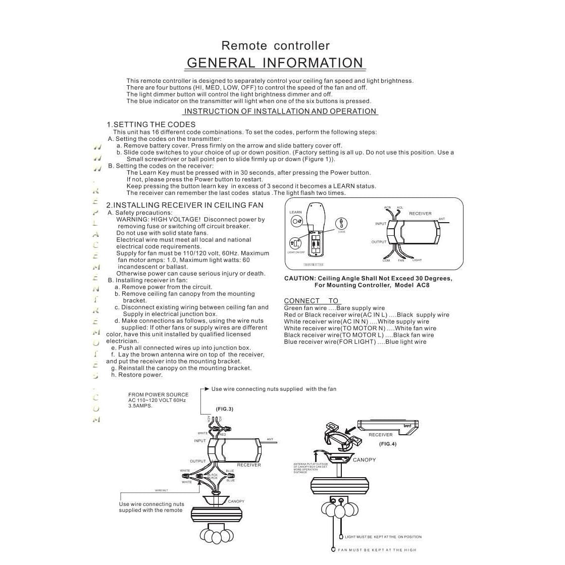 GE General Electric FAN61T-3SP1 Ceiling Fan Remote Control