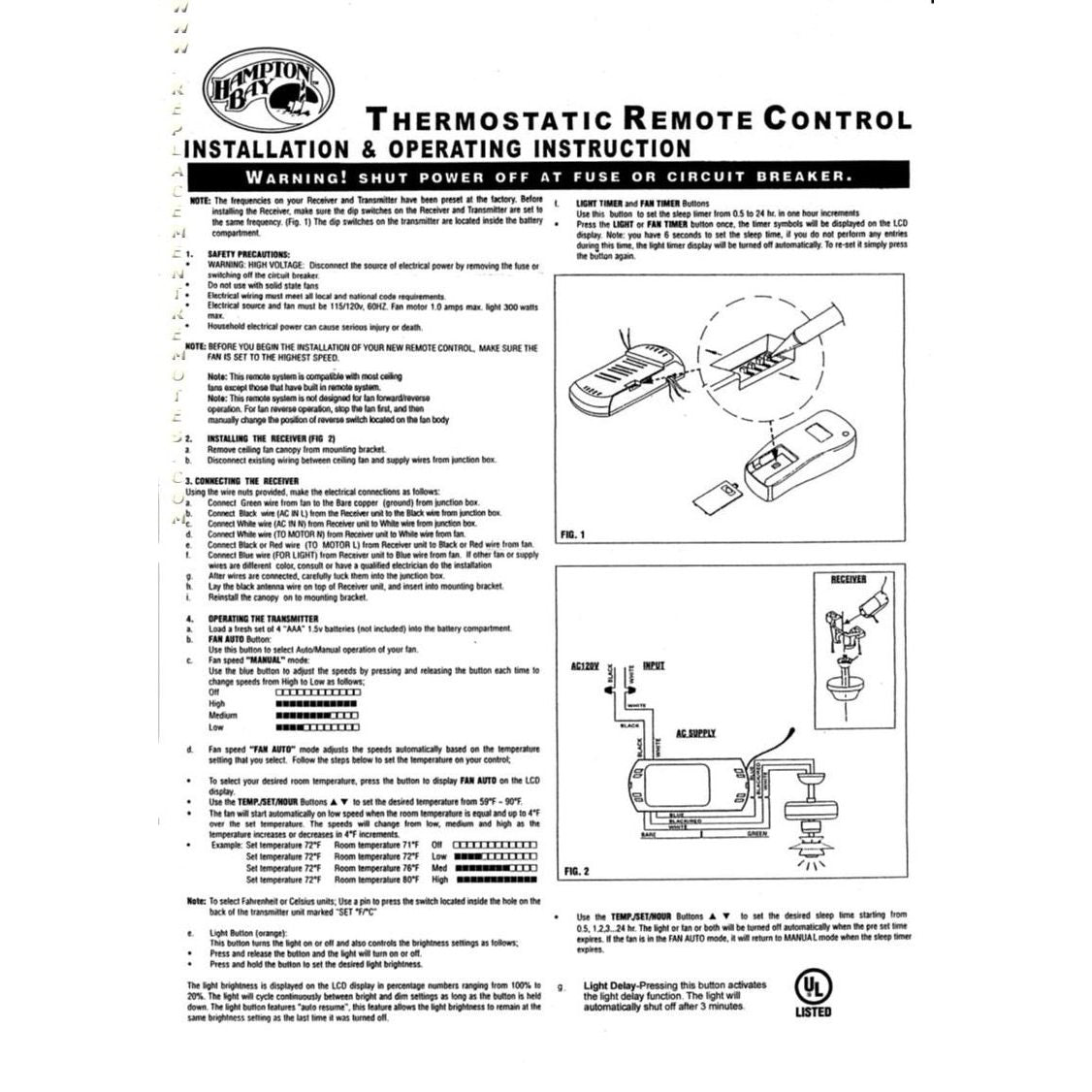 Hampton Bay CHQ7096T Thermostatic with Dimming Ceiling Fan Remote Control