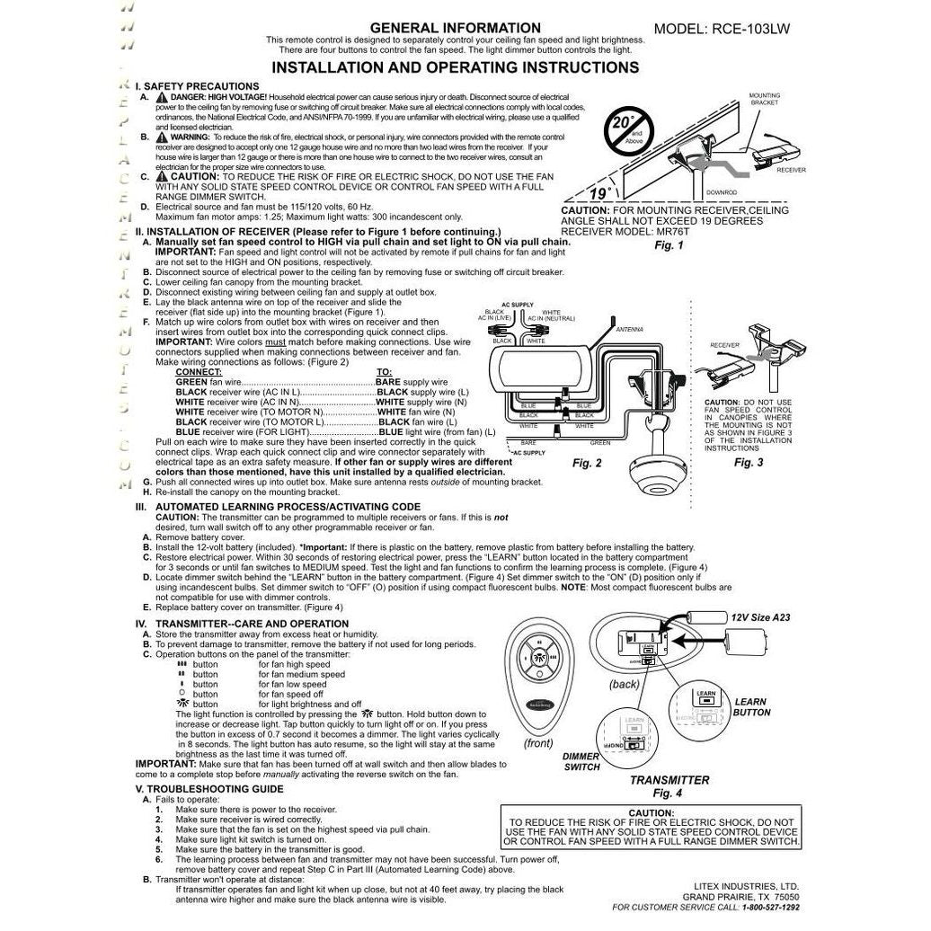 Harbor Breeze RCE-103LW Ceiling Fan Remote Control