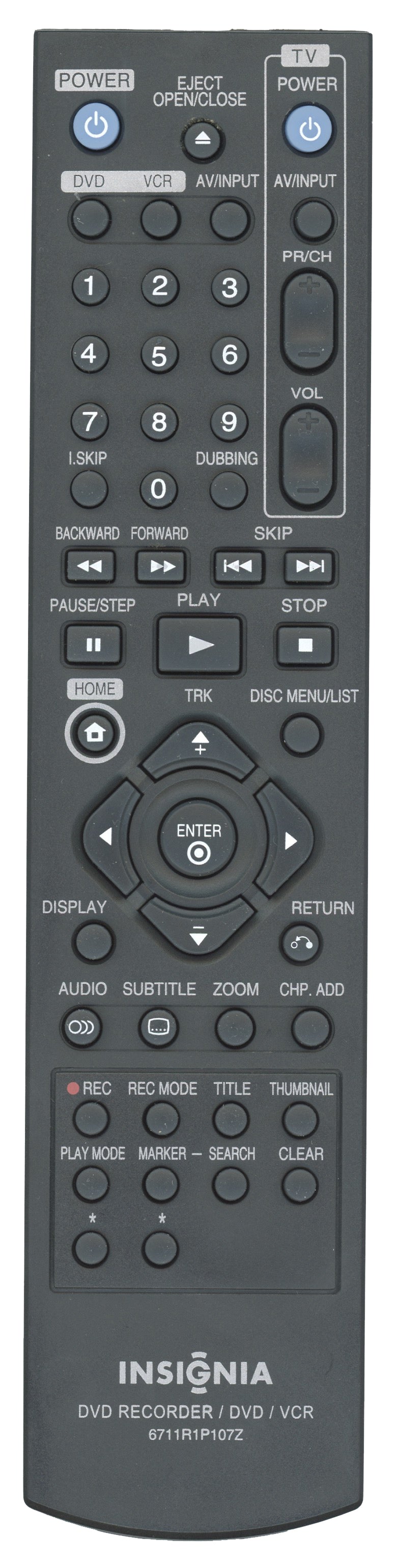 Insignia 6711R1P107Z DVD/VCR Remote Control