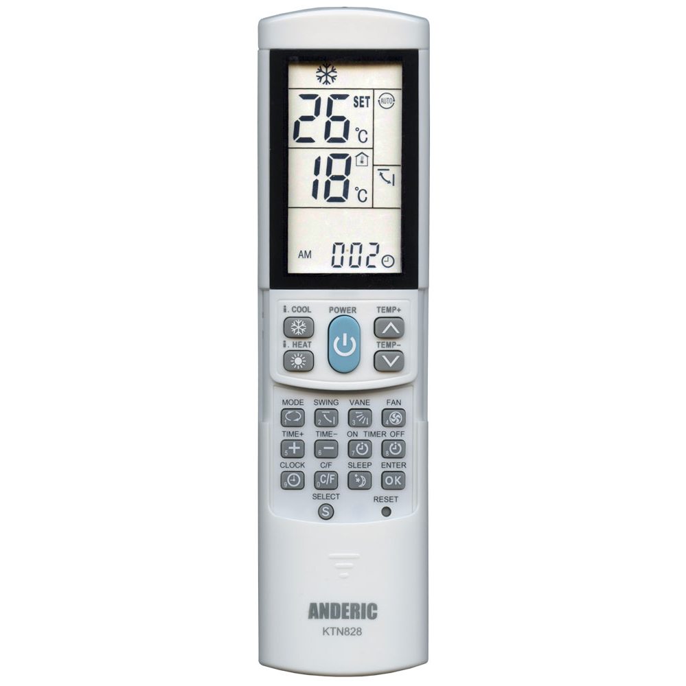 The Anderic KTN828 Universal Air Conditioner Remote Control for Mini Splits features backlighting, displaying temperature settings with intuitive buttons for mode, swing, fan speed, and timer functions. The brand "ANDERIC" is prominently displayed at the bottom.