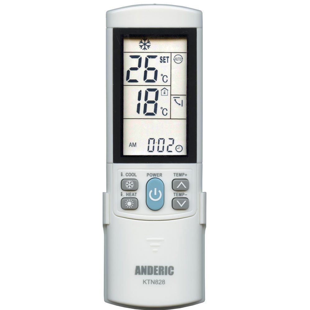 The Anderic KTN828 remote for Mini Split and A/C features backlighting for easy programming, displays current and set temperatures in Celsius, and includes buttons for cool, heat, power, and temperature adjustment.