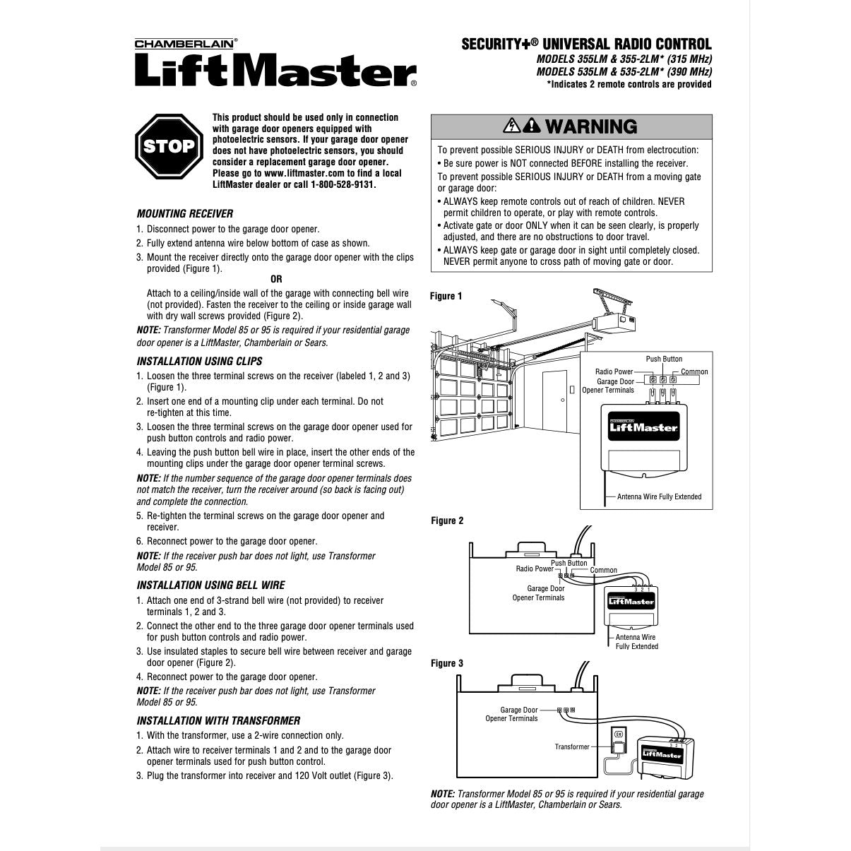 Télécommande d'ouvre-porte de garage LiftMaster 355LM / 355-2LM 3 fils 315 MHz