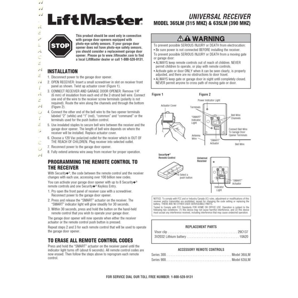 LiftMaster 365LM / 635LM PLUG-IN SECURITY PLUS Garage Door Opener Remote Control